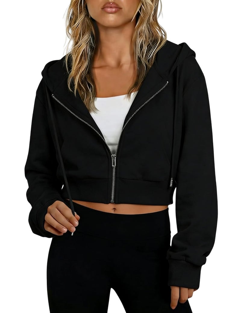 Hooever Womens Cute Workout Cropped Zip Up Drawstring Hoodie Sweatshirt Jacket Black - Image 1